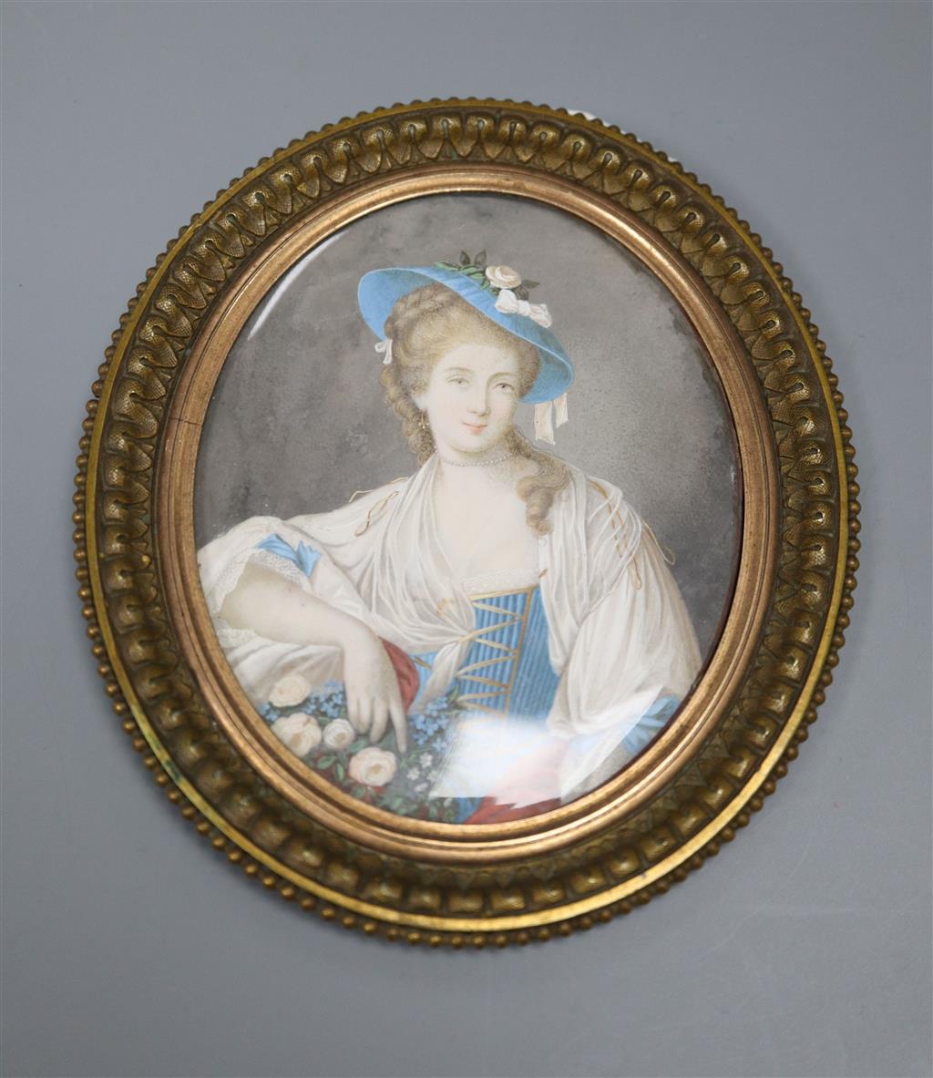 A 19th century oval portrait miniature of a lady on ivory, ormolu frame